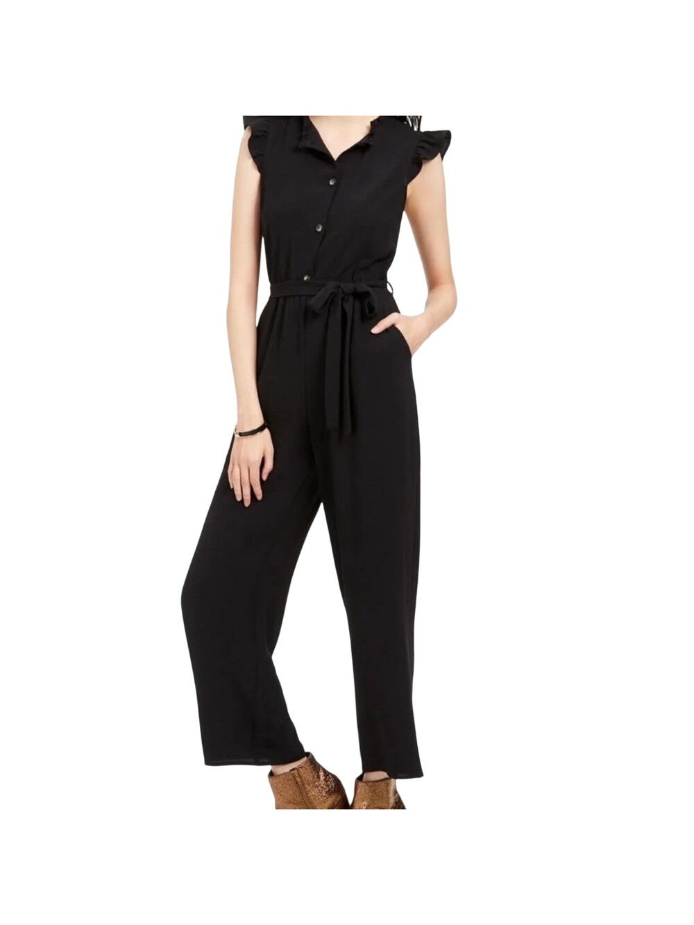 Monteau Los Angeles Black Sleeveless Ruffle Trim Jumpsuit, Women's Size Large